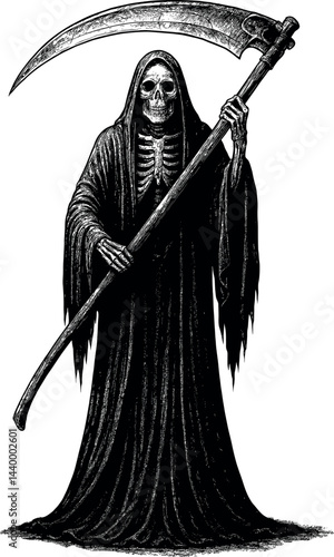 Grim Reaper with Scythe vector black silhouette cricut print design isolated on a plain white background