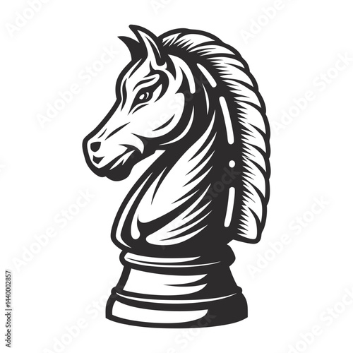 Monochrome vector illustration showcasing knight chess piece, medieval strategy, power, timeless allure of classic game