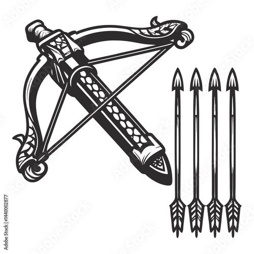 Vintage monochrome crossbow illustration, medieval weapon loaded with arrows, used for warfare, hunting, supporting historical, fantasy design projects.