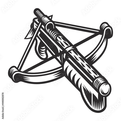 Vintage monochrome crossbow aiming forward, medieval combat, archery, historical weaponry, showcasing might, precision, ancient ranged weapon, historical design.