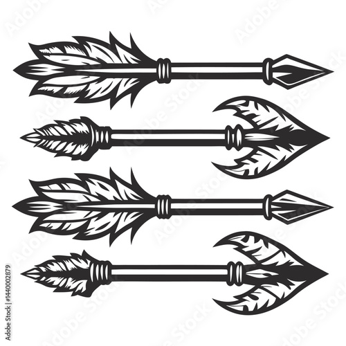 Medieval arrows, pointed tips, feathered fletching, showcasing historical weaponry craftsmanship, ideal for history, warfare themes. Set