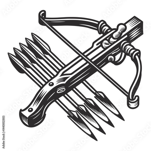 Vintage monochrome crossbow illustration, medieval weapon loaded with arrows, used for warfare, hunting, supporting historical, fantasy design projects.