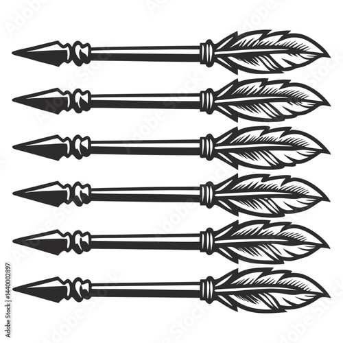 Medieval arrows, pointed tips, feathered fletching, showcasing historical weaponry craftsmanship, ideal for history, warfare themes. Set