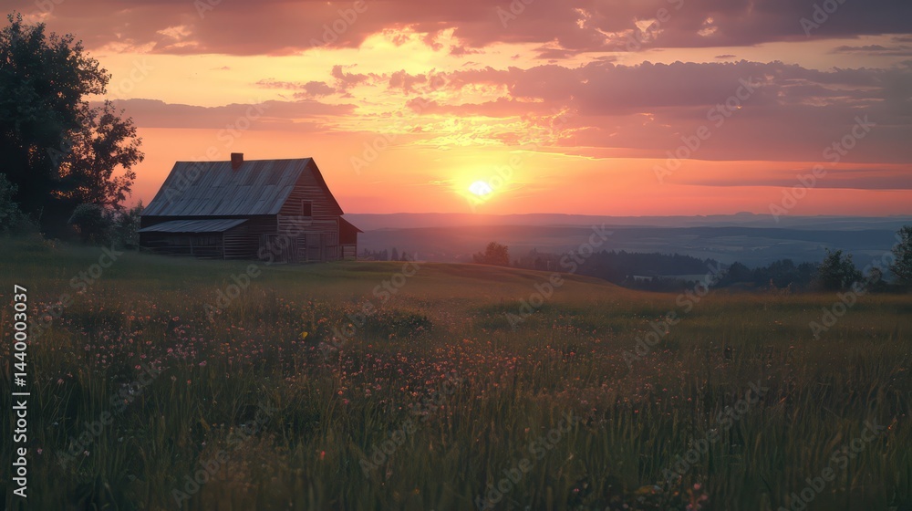Sunset paints a tranquil farm landscape Sunset paints a tranquil farm landscape
