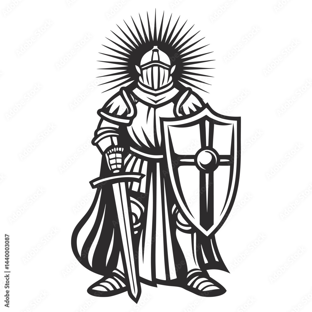 Fototapeta premium Medieval warrior wearing plate armor, helmet, and cape, holding crusader shield and long sword, illuminated by bright light, depicted in vintage monochrome style.