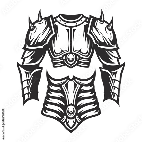Vintage monochrome illustration of medieval knight armor protecting chest and arms, featuring spiked pauldrons and detailed metal plating, for war in middle ages.