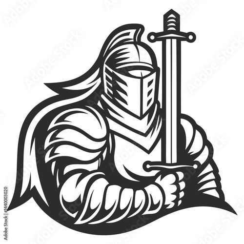 Armored medieval knight wielding sword with powerful stance, showcasing medieval warrior heritage in monochrome graphic style.