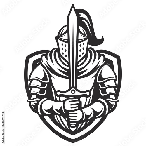 Armored medieval knight wielding sword with powerful stance, showcasing medieval warrior heritage in monochrome graphic style.