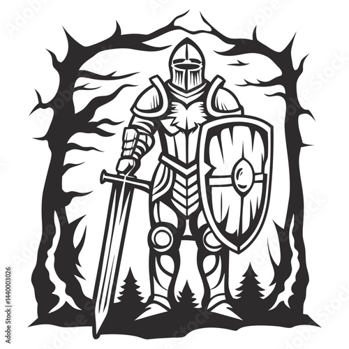 Armored medieval knight brandishing sword and shield, standing confidently amid stylized forest backdrop, in black and white vector graphic, embodying strength and valor of historical warriors.