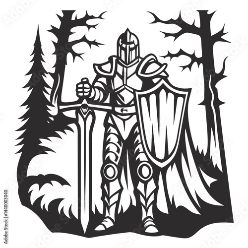 Armored medieval knight brandishing sword and shield, standing confidently amid stylized forest backdrop, in black and white vector graphic, embodying strength and valor of historical warriors.