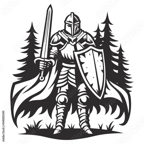 Armored medieval knight brandishing sword and shield, standing confidently amid stylized forest backdrop, in black and white vector graphic, embodying strength and valor of historical warriors.
