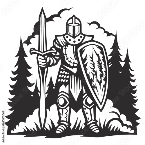 Armored medieval knight brandishing sword and shield, standing confidently amid stylized forest backdrop, in black and white vector graphic, embodying strength and valor of historical warriors.