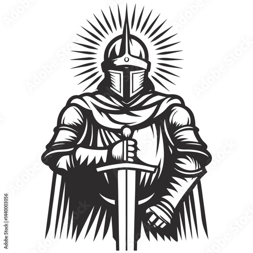 Medieval knight wearing full plate armor, holding large sword in front of him, with bright sunlight background, chivalry and strength during medieval battles.