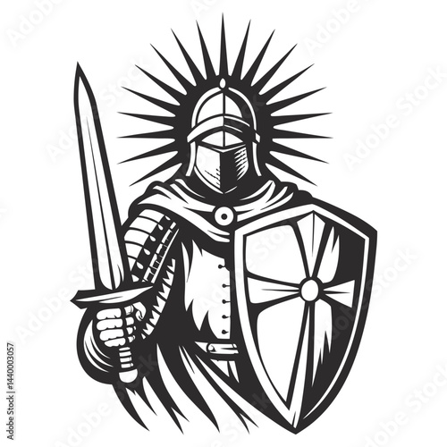 Medieval warrior wearing plate armor, helmet, and cape, holding crusader shield and long sword, illuminated by bright light, depicted in vintage monochrome style.