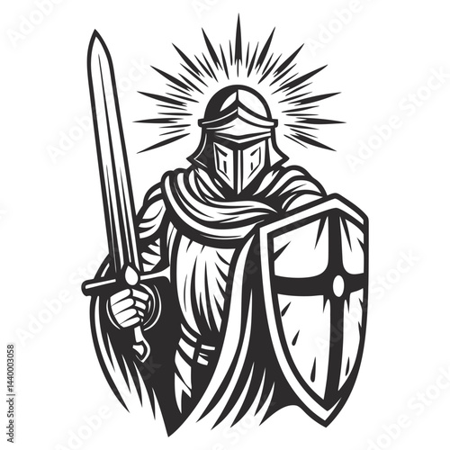 Medieval warrior wearing plate armor, helmet, and cape, holding crusader shield and long sword, illuminated by bright light, depicted in vintage monochrome style.