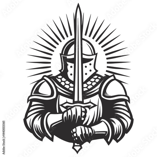 Medieval knight wearing full plate armor, holding large sword in front of him, with bright sunlight background, chivalry and strength during medieval battles.