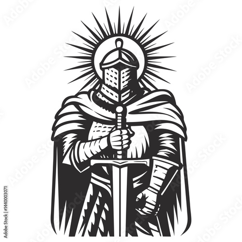 Medieval knight wielding gleaming sword, radiating heroic energy through luminous halo effect, chivalric valor and warrior spirit of medieval era.