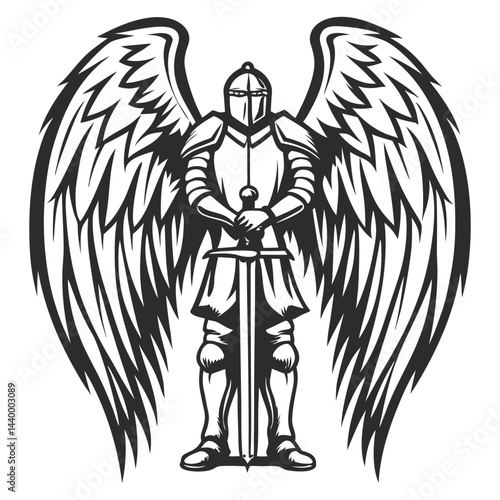Medieval armored warrior wielding sword, angelic wings spreading behind, representing divine protection and heroic valor of medieval combat era