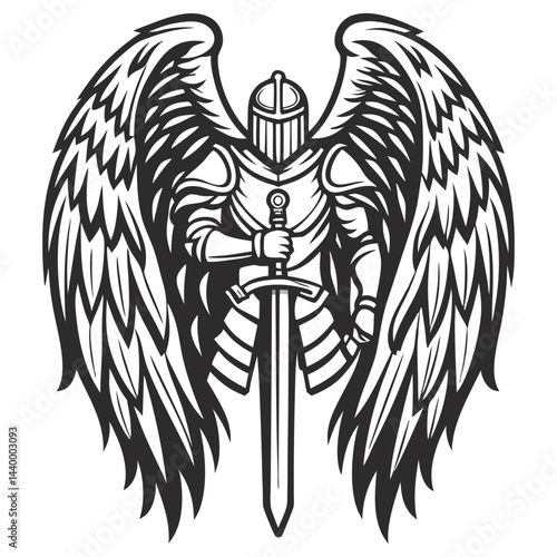 Medieval armored warrior wielding sword, angelic wings spreading behind, representing divine protection and heroic valor of medieval combat era