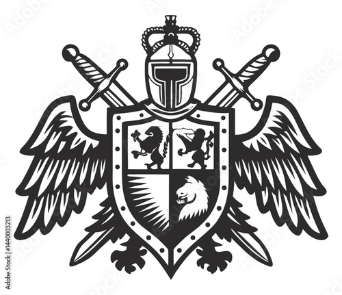 Medieval coat of arms, crown, spartan helmet, crossed swords, outstretched wings, heraldic animals, symbolizing nobility, honor, heritage.