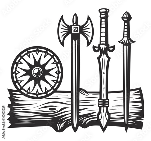 Medieval weaponry, including swords, axe, shield, arranged on wooden plank, symbolizing historical combat, knightly valor, evoking medieval warfare in vintage monochrome style.