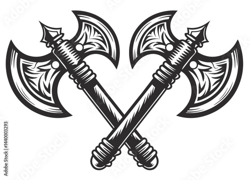 Axes with leather wrapped handles crossed, symbolizing Viking strength, medieval weaponry, suitable for historical or fantasy themed projects.
