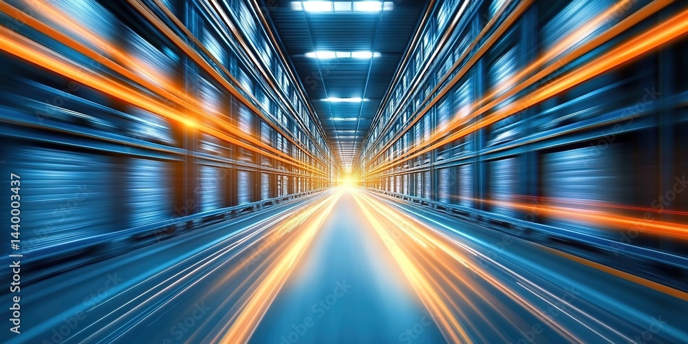 Fototapeta premium Modern warehouse interior with stocked shelves and floor light trails.