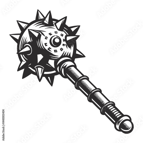 Medieval spiked mace, detailed weapon design, intricate craftsmanship, sharp spikes, historical combat, fantasy contexts, monochrome vector illustration.
