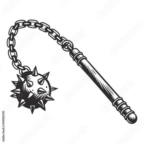 Medieval flail weapon, spiked metal ball, wooden handle, chain attachment, historical combat, sharp weapon design, monochrome vector, isolated on white background.