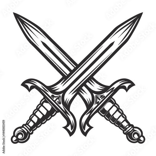 Medieval swords intersecting, forming x shape, ornate craftsmanship, historical and fantasy design contexts in monochrome graphic style.