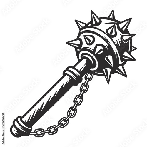 Medieval spiked mace, detailed weapon design, intricate craftsmanship, sharp spikes, historical combat, fantasy contexts, monochrome vector illustration.