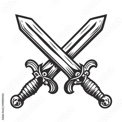 Medieval swords intersecting, forming x shape, ornate craftsmanship, historical and fantasy design contexts in monochrome graphic style.