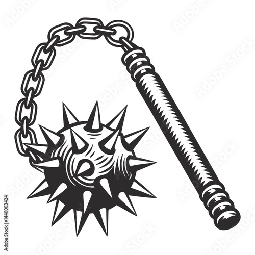 Medieval flail weapon, spiked metal ball, wooden handle, chain attachment, historical combat, sharp weapon design, monochrome vector, isolated on white background.