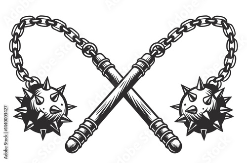 Medieval flail weapons intersecting, spiked metal balls, chains, representing knight armament, European warfare period, monochrome vector, historical combat symbol.