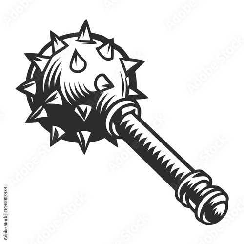 Medieval spiked mace, detailed weapon design, intricate craftsmanship, sharp spikes, historical combat, fantasy contexts, monochrome vector illustration.