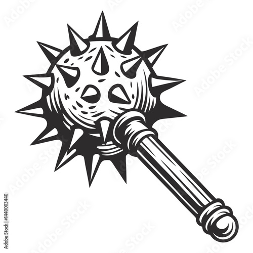 Medieval spiked mace, detailed weapon design, intricate craftsmanship, sharp spikes, historical combat, fantasy contexts, monochrome vector illustration.