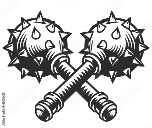 Medieval flails crossed, menacing weaponry, raw power, historical combat brutality, minimalist white background, sharp design, monochrome vector.