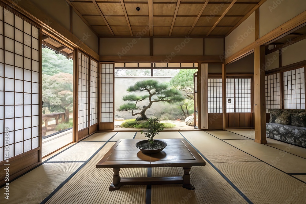 An Elegant Interior Design with Bonsai and Serene Garden View. An Elegant Interior Design with Bonsai and Serene Garden View.