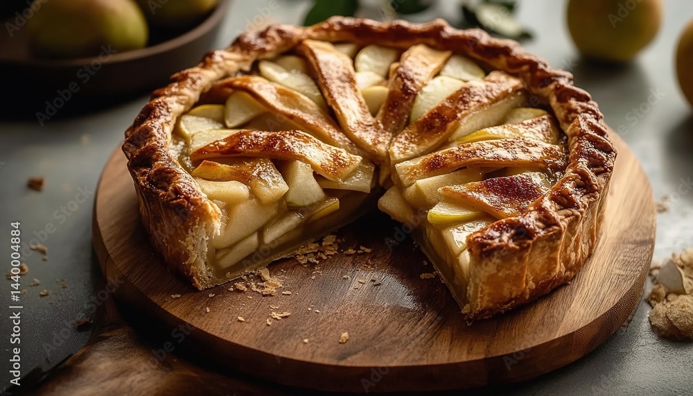 Whole apple pie with a missing slice on a wooden cutting board, surrounded by apples and leaves. Whole apple pie with a missing slice on a wooden cutting board, surrounded by apples and leaves.