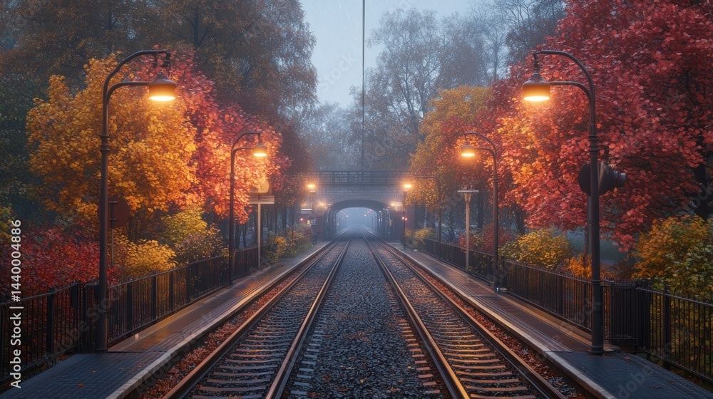 Fototapeta premium Autumn Foggy Train Station Perspective