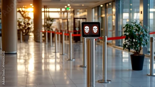 Wallpaper Mural Warm sunset light illuminates a modern airport terminal hallway with sleek metal stanchions and a digital display, creating a calm and bright atmosphere Torontodigital.ca