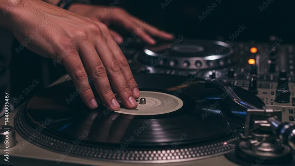 A dj is using a turntable with hands on the vinyl record in a dark room with dj equipment near by