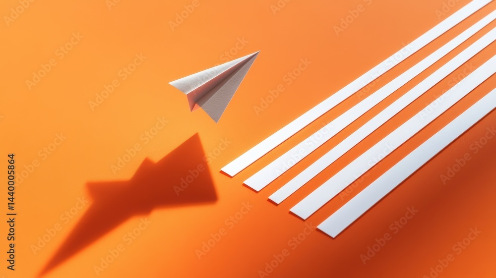 Minimalistic origami airplane on vibrant orange background with white stripes casting shadows, enhancing modern geometric aesthetic. Deadline approaching Minimalistic origami airplane on vibrant orange background with white stripes casting shadows, enhancing modern geometric aesthetic. Deadline approaching