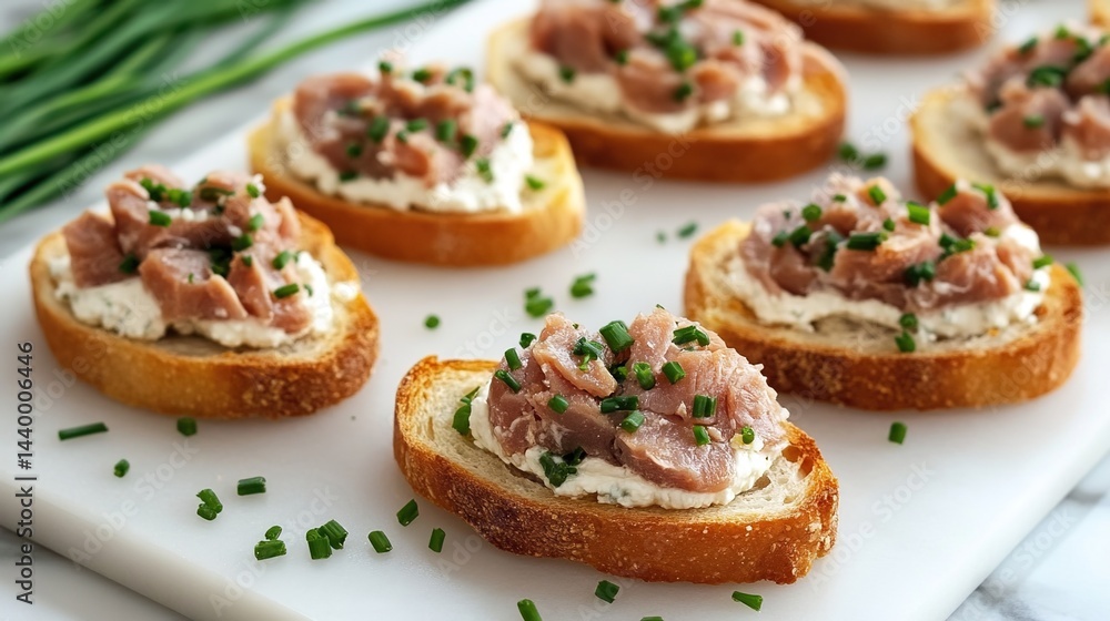 Mini toasts with cream cheese, prosciutto, and chives on a white cutting board. Mini toasts with cream cheese, prosciutto, and chives on a white cutting board.