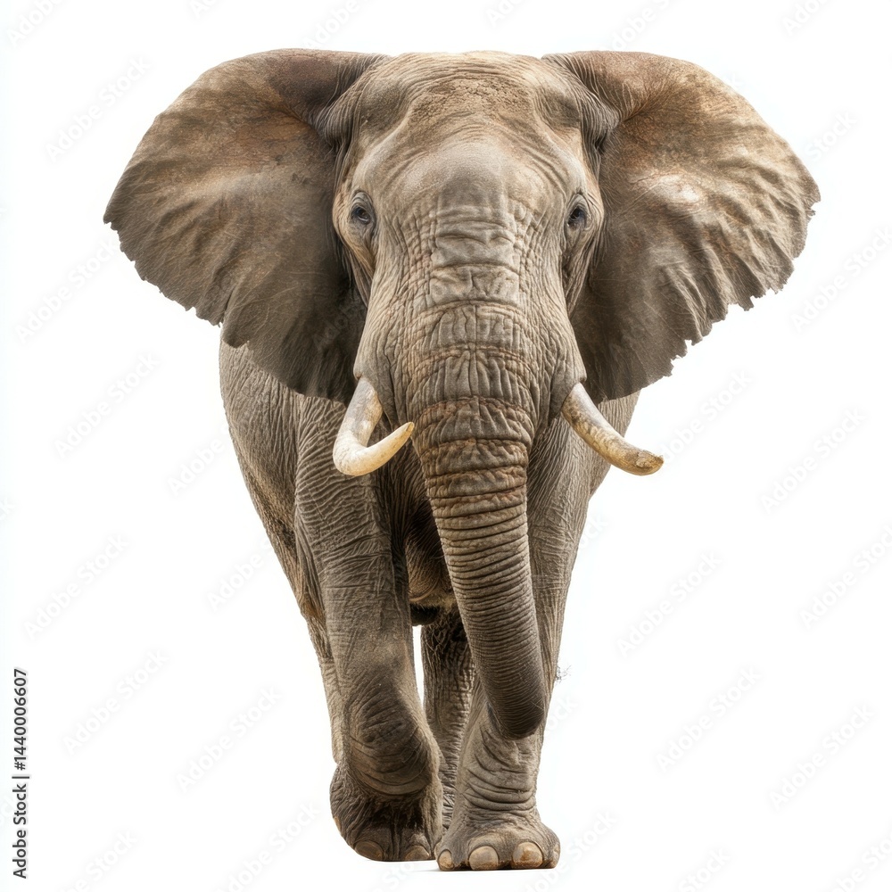 Obraz premium Majestic Elephant's Stroll: A close-up perspective captures the powerful presence of an African elephant as it strides forward. Witness the detailed textures of the skin, the impressive tusks.