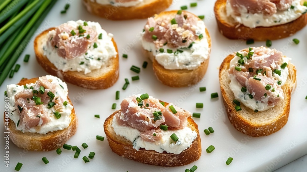Mini toasts with cream cheese, prosciutto, and chives on a white cutting board. Mini toasts with cream cheese, prosciutto, and chives on a white cutting board.
