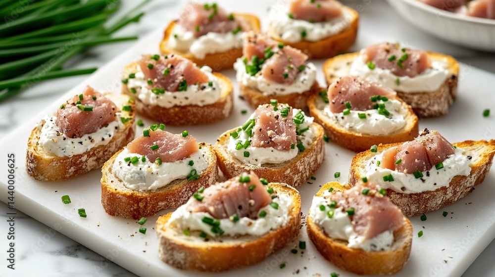 Mini toasts with cream cheese, prosciutto, and chives on a white cutting board. Mini toasts with cream cheese, prosciutto, and chives on a white cutting board.