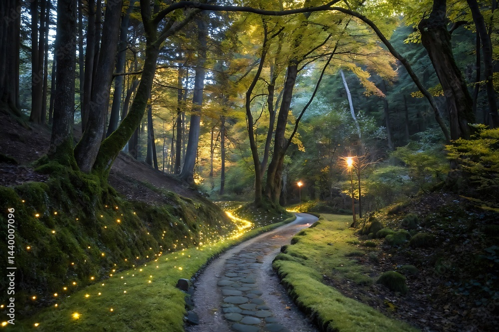 Obraz premium Magical pathway illuminated at night in a mossy forest. Winding stone path lined with warm lights. Enchanting forest scene.