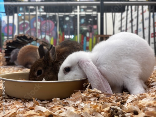 two rabbits eat from the same bowl