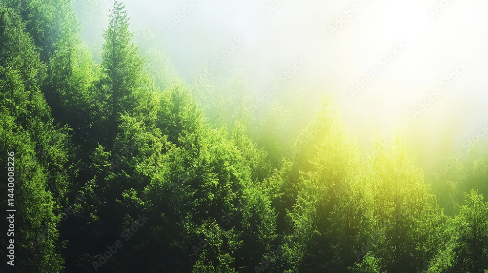 Obraz premium serene forest scene showcasing lush green trees enveloped in soft mist, illuminated by gentle sunlight
